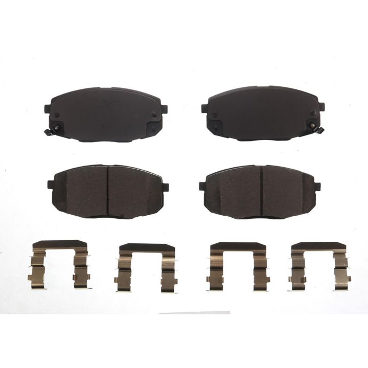 Four BFD1397CR ProSeries OE Brake Pads and four metal clips arranged on a white background.