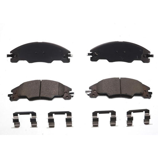 Set of four BFD1339CR ProSeries OE black brake pads and four metal clips arranged on a white background.