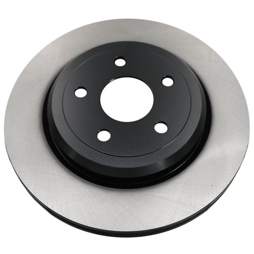 Introducing the C07268 ProSeries OE+ Brake Rotor, a new and pristine car brake rotor featuring a smooth metallic surface and a black center, complete with five bolt holes.