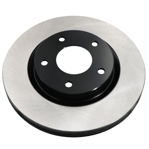 The C07312 ProSeries OE+ Brake Rotor is a shiny, circular car brake rotor with a black center and a silver outer ring, featuring five bolt holes.