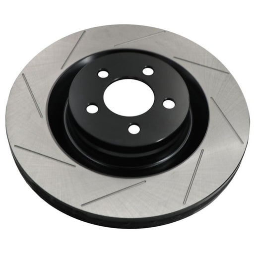 Close-up of a C07336 ProSeries OE+ Brake Rotor with a black vented center and a silver slotted surface.