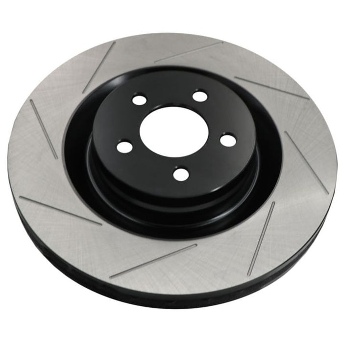 Close-up of a C07336 ProSeries OE+ Brake Rotor with a black vented center and a silver slotted surface.
