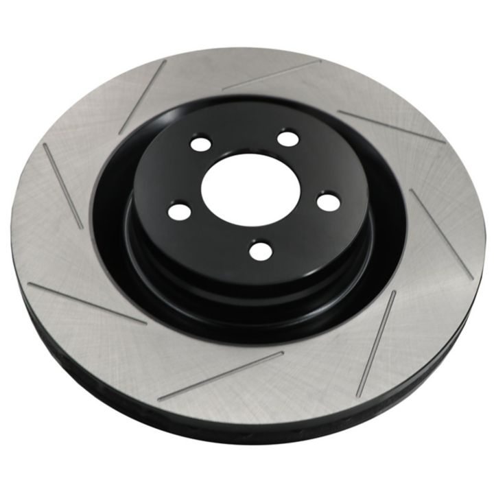 Close-up of a C07336 ProSeries OE+ Brake Rotor with a black vented center and a silver slotted surface.