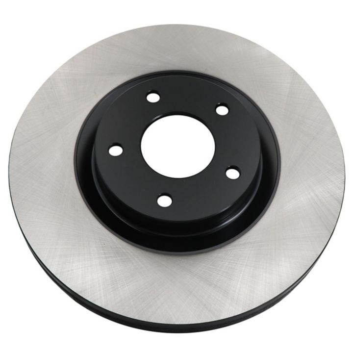 A single, shiny, metallic C07848 ProSeries OE+ Brake Rotor with a black center and multiple lug holes, isolated on a white background.