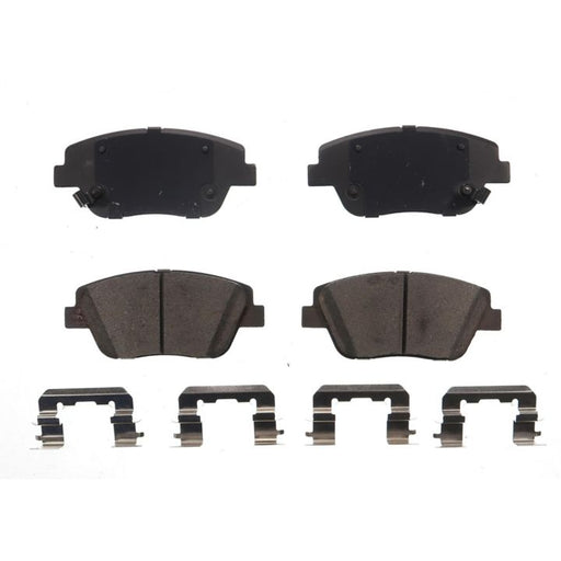 Four BFD1444CR ProSeries OE Brake Pads and metal clips arranged in two rows on a white background.