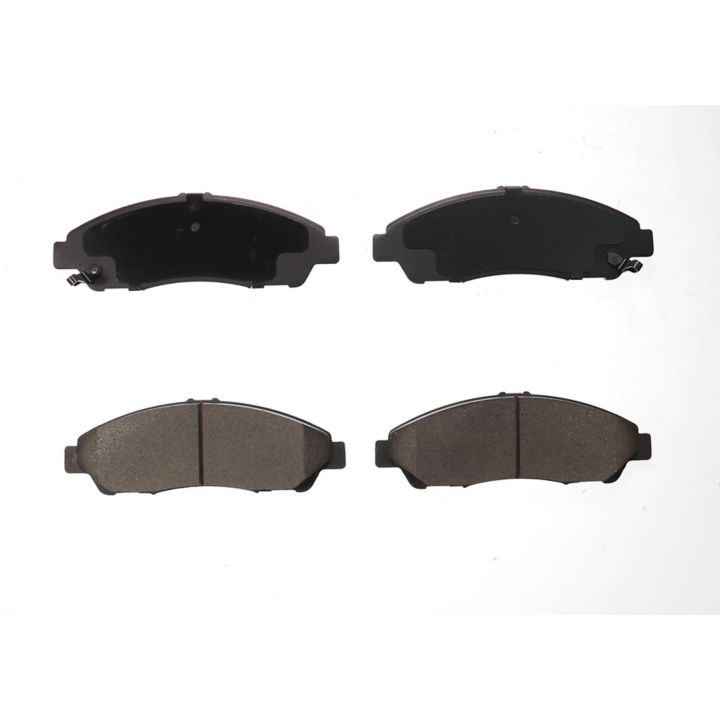 Four BFD1280CR ProSeries OE Brake Pads displayed in two rows on a white background. Top row: black side up. Bottom row: grey side up.