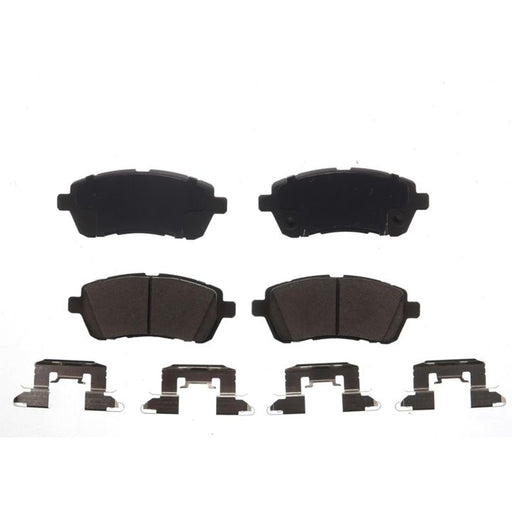 Four BFD1454CR ProSeries OE Brake Pads and metal brackets arranged symmetrically on a white background.