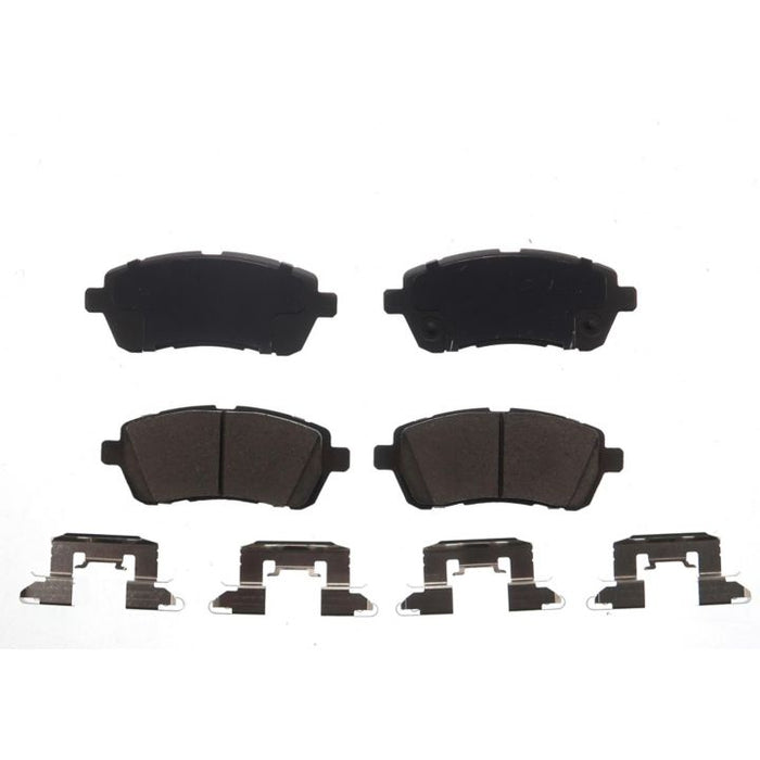 Four BFD1454CR ProSeries OE Brake Pads and metal brackets arranged symmetrically on a white background.