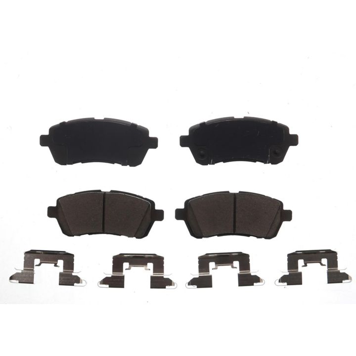 Four BFD1454CR ProSeries OE Brake Pads and metal brackets arranged symmetrically on a white background.