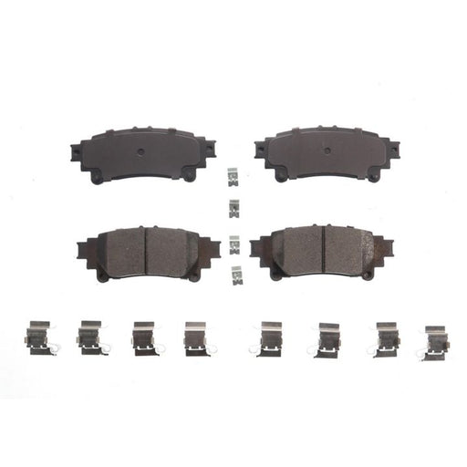 Four BFD1391CR ProSeries OE Brake Pads and several small metal components are arranged in a neat grid pattern on a white background.