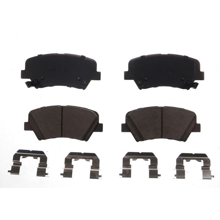 Two rows of BFD1543CR ProSeries OE Brake Pads, each consisting of four brake pads and four metal clips, arranged on a white background.