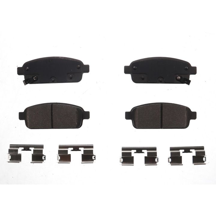 Four BFD1468CR ProSeries OE Brake Pads and four metal hardware clips arranged on a white background.