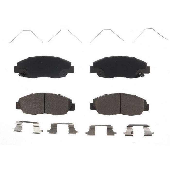 A set of BFD1578CR ProSeries OE Brake Pads with metal clips and wires arranged on a white background.