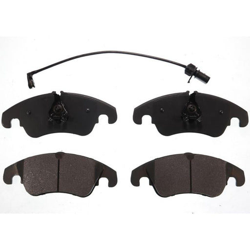 A set of four BFD1322SM ProSeries OE Brake Pads, featuring a black finish and equipped with a brake wear sensor cable, displayed against a white background.