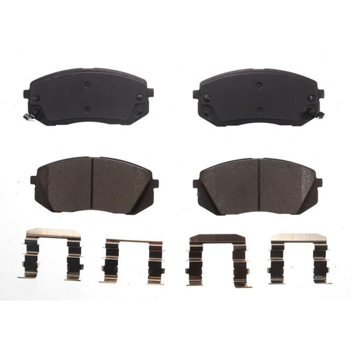 Set of four BFD1295ACR ProSeries OE Brake Pads with metal clips arranged on a white background.