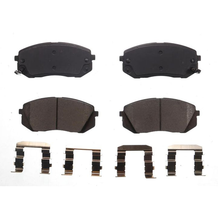 Set of four BFD1295ACR ProSeries OE Brake Pads with metal clips arranged on a white background.