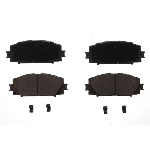 Four BFD1184ACR ProSeries OE Brake Pads in black and two clips are arranged symmetrically on a white background.