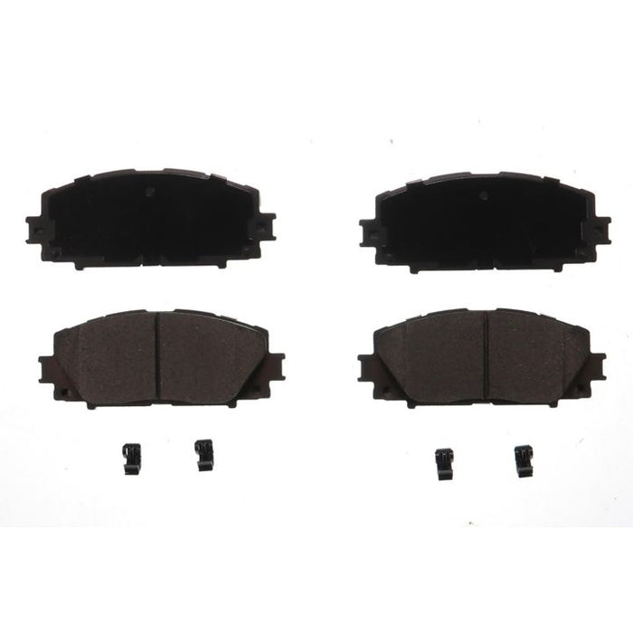 Four BFD1184ACR ProSeries OE Brake Pads in black and two clips are arranged symmetrically on a white background.
