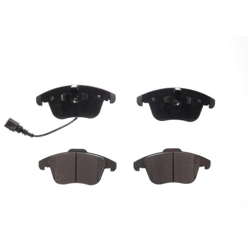 Four BFD1375SM ProSeries OE Brake Pads in black, with the upper left one featuring a wire connector attached.