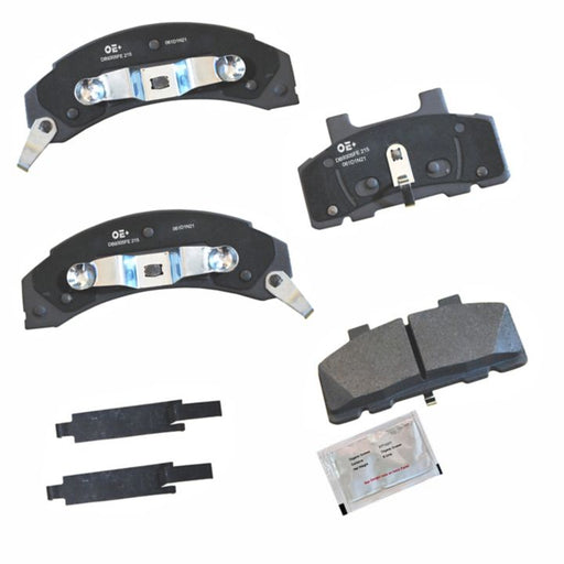 MMS215 ProSeries OE+ Brake Pads, complete with two metal clips and a small packet of grease, arranged on a plain white background.