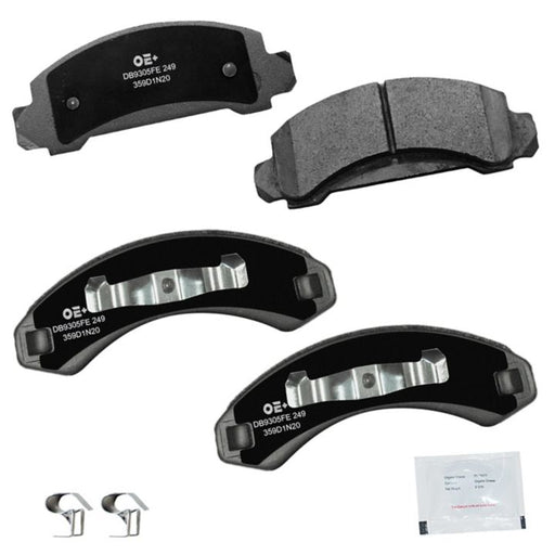 MMS249 ProSeries OE+ Brake Pads set, complete with metal clips and a small packet, displayed on a white background.