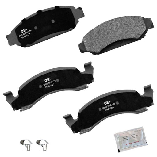 A set of MMS375 ProSeries OE+ Brake Pads, including four brake pads, two metal clips, and a small packet of lubricant, neatly arranged on a white background.