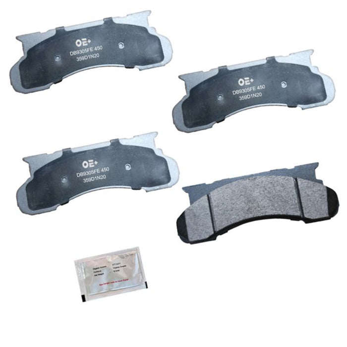 Four MMS450 ProSeries OE+ Brake Pads in black and a small white packet on a white background.