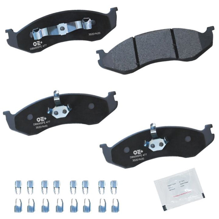 Set of four MMS477 ProSeries OE+ Brake Pads with metal clips and a small packet of brake lubricant against a white background.