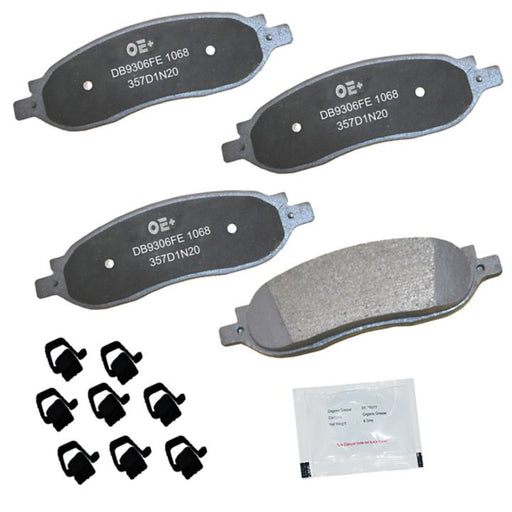 Four MMS1068 ProSeries OE+ brake pads, eight additional components, and a packet of lubricant arranged on a white background.
