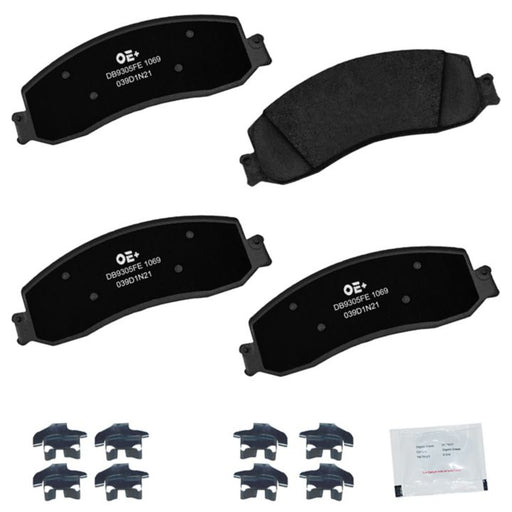 Four MMS1069 ProSeries OE+ Brake Pads in black, along with additional small components and a packet, are displayed on a white background.