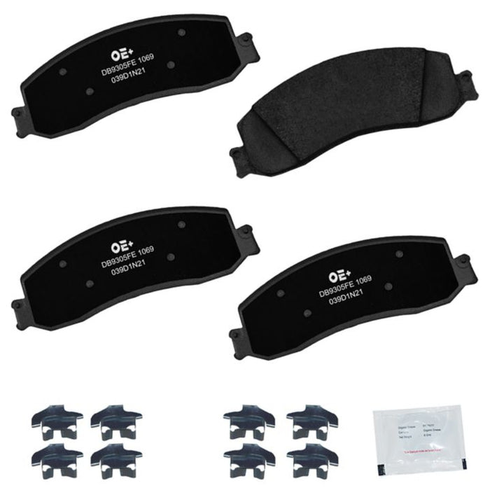 Four MMS1069 ProSeries OE+ Brake Pads in black, along with additional small components and a packet, are displayed on a white background.