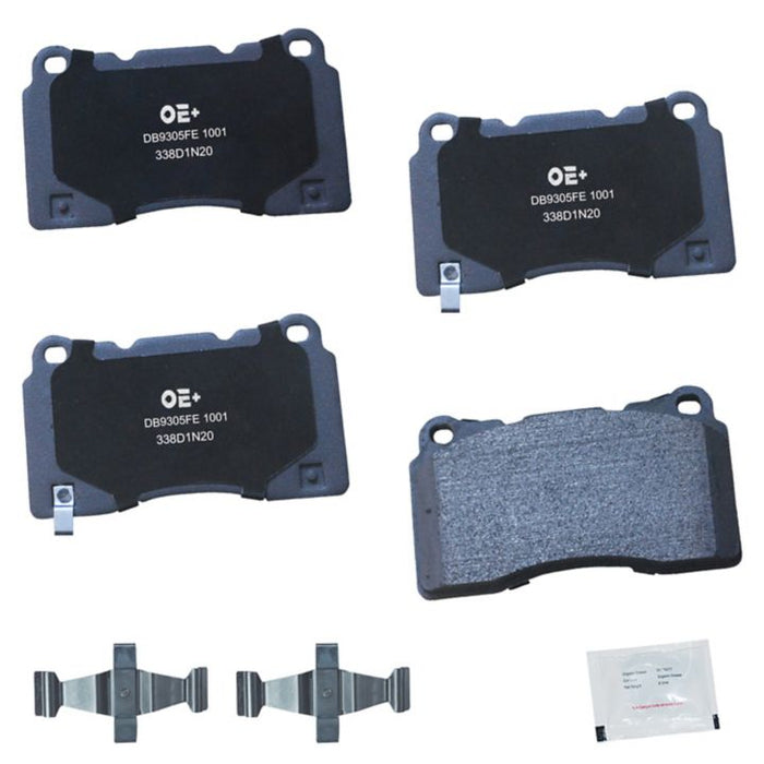 Four MMS1001 ProSeries OE+ Brake Pads, three metal clips, and a small packet are arranged on a plain white background.