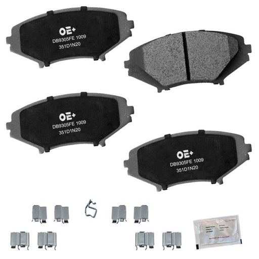 The MMS1009 ProSeries OE+ Brake Pads set, including four brake pads, eight metal clips, a metal hook, and a small packet of grease, laid out on a white background.