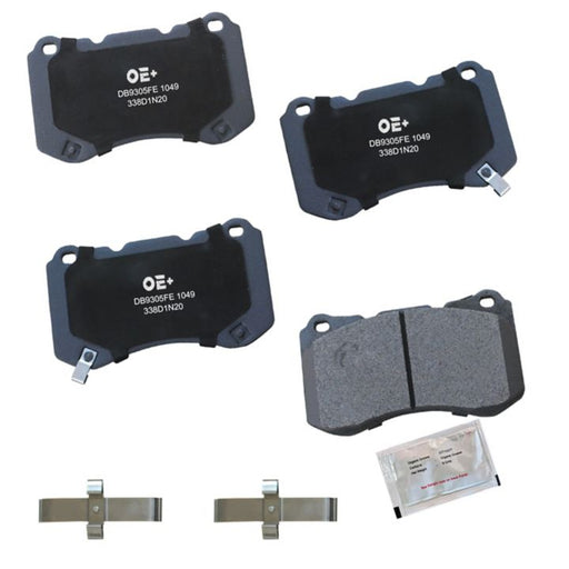Four MMS1049 ProSeries OE+ Brake Pads, two metal clips, and a small packet placed on a white background.