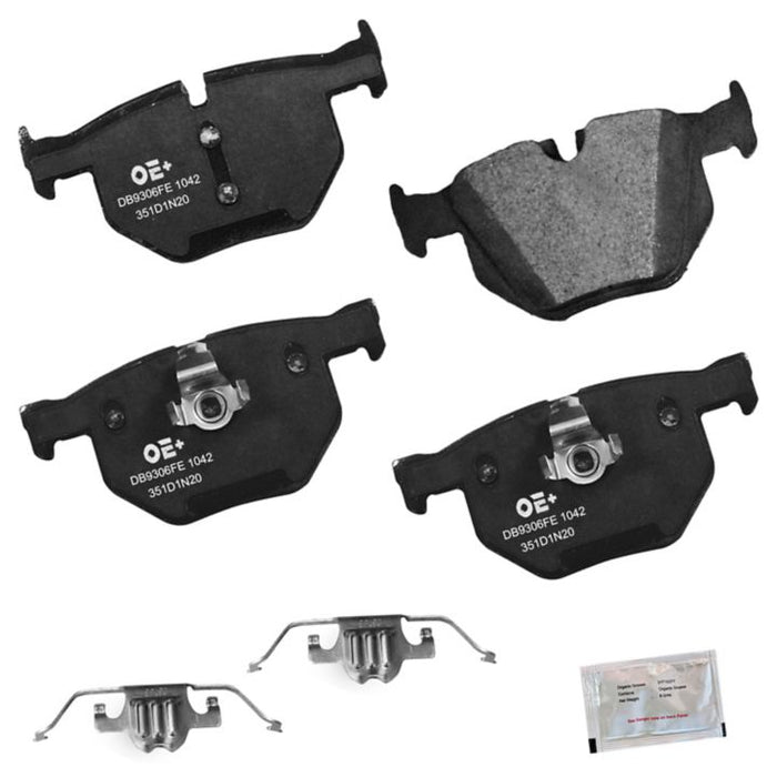 A set of MMS1042 ProSeries OE+ Brake Pads, consisting of four black brake pads, two metallic clips, and a small packet of brake lubricant, displayed on a white background.
