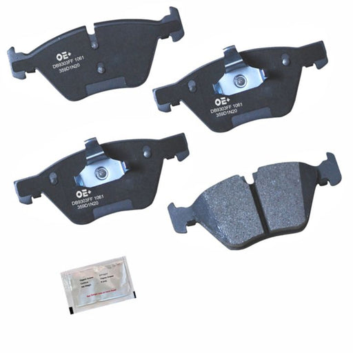 Four MMS1061 ProSeries OE+ Brake Pads in black and a small packet of grease are displayed against a white background.
