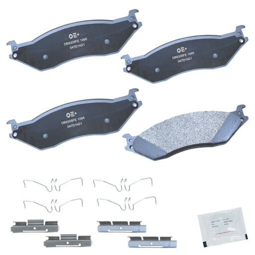 Four MMS1066 ProSeries OE+ Brake Pads, metal clips, and a small packet of grease laid out on a white background.