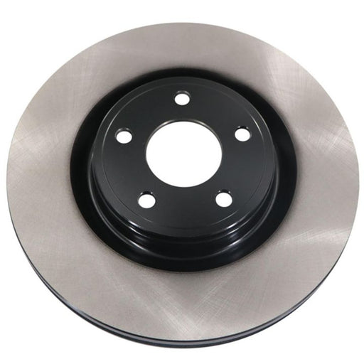 The C80235 ProSeries OE+ Brake Rotor is a metallic car brake rotor that features a black hub, a silver disc, and four bolt holes in the center.