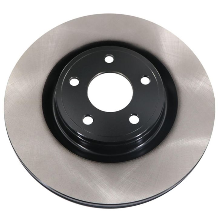 The C80235 ProSeries OE+ Brake Rotor is a metallic car brake rotor that features a black hub, a silver disc, and four bolt holes in the center.
