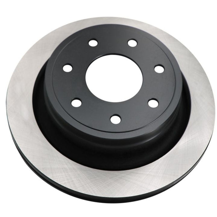 Close-up of the C80512 ProSeries OE+ Brake Rotor in black and silver, featuring drilled holes.