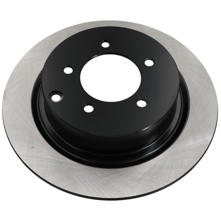 A C26574 ProSeries OE+ Brake Rotor in black and silver, featuring multiple holes, displayed on a white background.