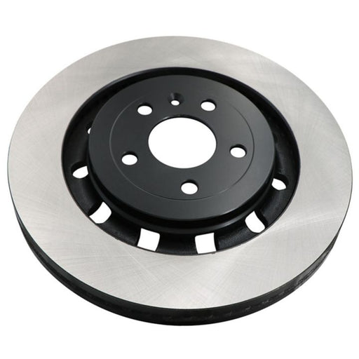 Close-up of the C80535 ProSeries OE+ Brake Rotor, showcasing its silver and black finish with visible vent holes and a smooth, clean surface.