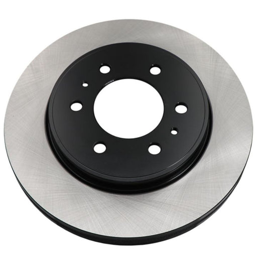 Close-up of the new C80282 ProSeries OE+ Brake Rotor, showcasing a silver outer rim, a black center, and multiple drilled holes.