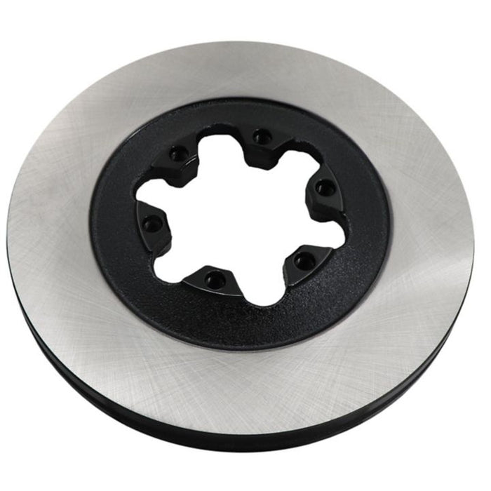 Close-up of the C80306 ProSeries OE+ Brake Rotor in silver and black, featuring mounting holes, on a white background.