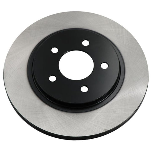 The C26273 ProSeries OE+ Brake Rotor features a sleek black central hub, a silver outer ring, and five precision-engineered bolt holes.