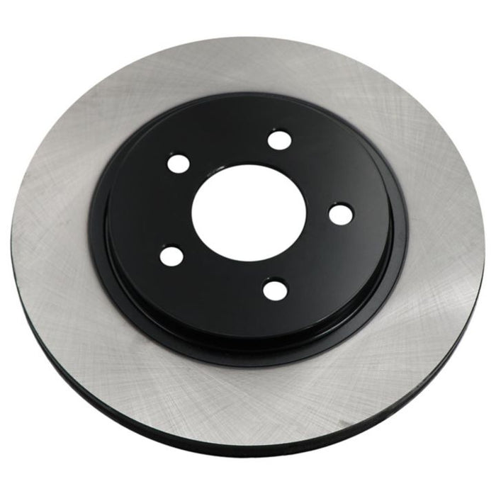 The C26273 ProSeries OE+ Brake Rotor features a sleek black central hub, a silver outer ring, and five precision-engineered bolt holes.