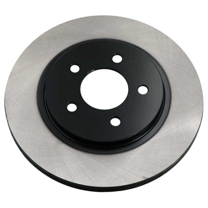 The C26273 ProSeries OE+ Brake Rotor features a sleek black central hub, a silver outer ring, and five precision-engineered bolt holes.