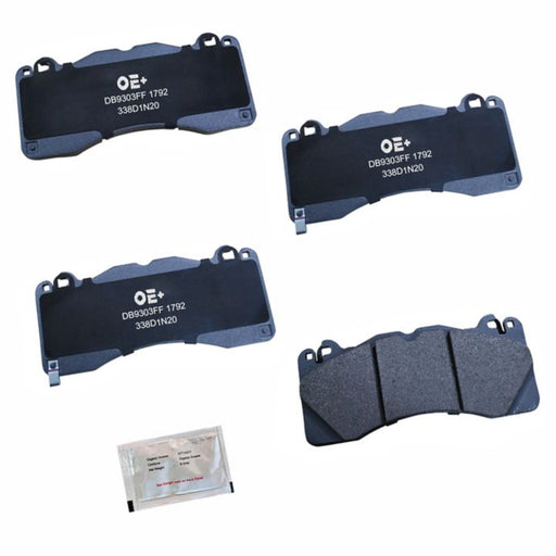 Four MMS1792 ProSeries OE+ black brake pads and an accessory packet are displayed against a white background.