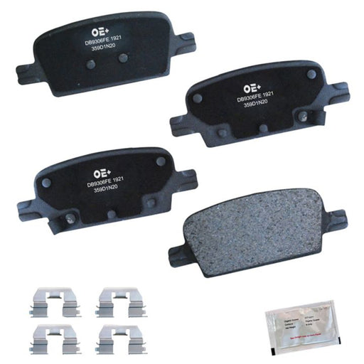 Set of four MMS1921 ProSeries OE+ black brake pads with additional metal clips and a small packet of lubricant.