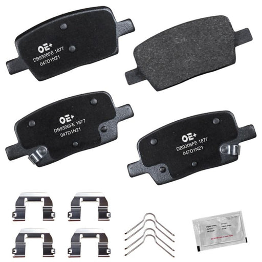 Top view of the MMS1877 ProSeries OE+ Brake Pads kit, which includes four brake pads, four brackets, two springs, and a sachet of brake lubricant.